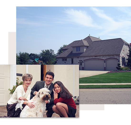 2 photo collage - 1 happy family posing with dog and beautiful stone house